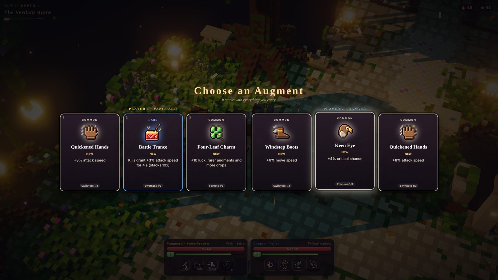 Choosing one of three augments after a fight