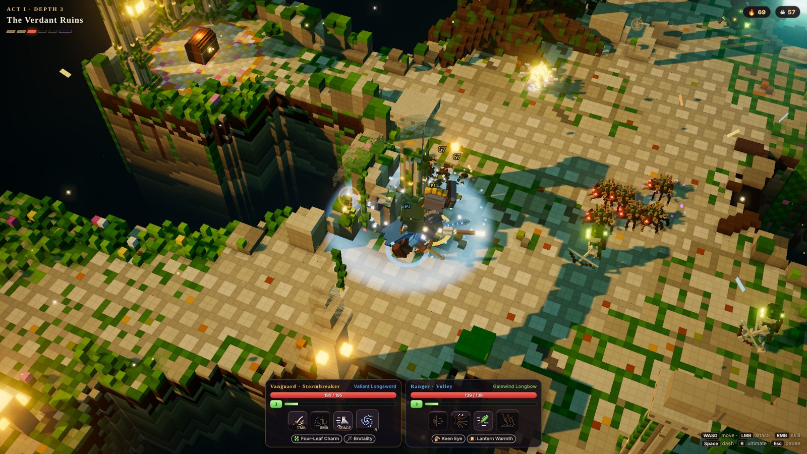 Two heroes fighting a pack of enemies in overgrown ruins